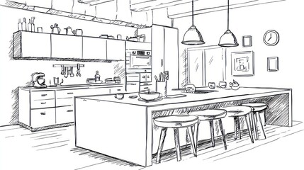 Sketch of a modern kitchen with an island, wall cabinets, appliances, and pendant lighting, showcasing a clean and spacious design