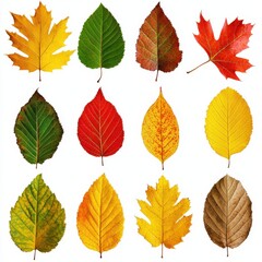 Collection of vibrant autumn leaves, isolated on white background. Autumn season concept.