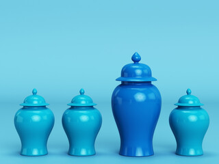 4 blue jars on blue background with copy space.Minimal concept.Digital illustration. 3d rendering