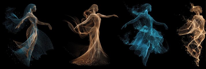 Obraz premium Four ethereal figures, in motion, with flowing garments, composed of particles, in shades of light blue and light brown against a black background