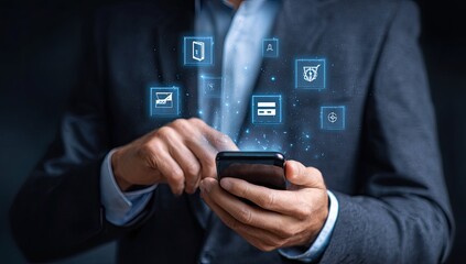 Businessman interacting with a smartphone with digital icons overlayed