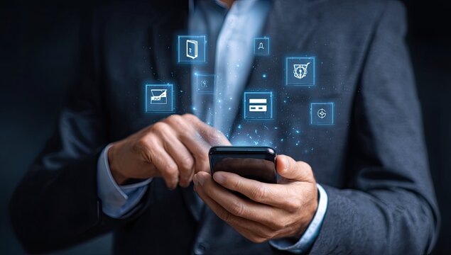 Businessman interacting with a smartphone with digital icons overlayed