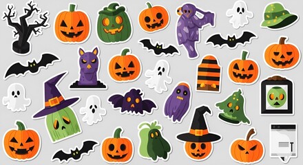 A festive collage of halloween stickers featuring pumpkins, ghosts, bats, and witches in various colors and designs