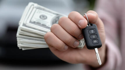 Shiny Car Key with Metallic Finish and Crisp Cash Bundle in Human Hand, Symbolizing Auto Loan, Leasing, and Secure Financial Planning Exchange in Photorealistic Neutral Gradient Studio Background Scen