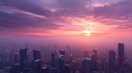 Fototapeta premium Vibrant purple and pink sunset illuminates a misty city skyline from above