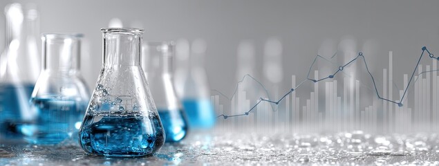 Laboratory glassware with blue liquid, abstract background