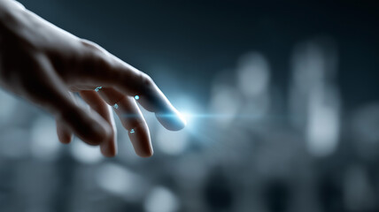 Next-Generation Technology Banner Featuring Hand Projecting Holographic Data Streams into Cloud Network Grid, IoT Devices, and Digital Servers with Futuristic Neon Glow and High-Tech Secure Business 