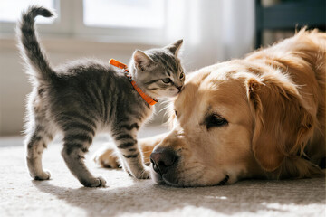 Gray kitten affectionately nuzzling golden retriever's cheek with orange collar, fluffy dog lying on floor in bright cozy indoor setting, heartwarming animal friendship moment.