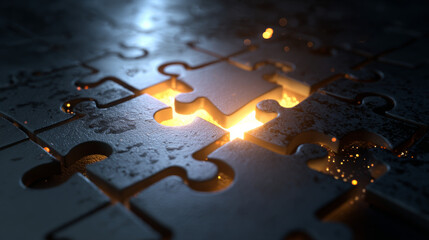puzzle pieces coming together with glowing light, problem solving concept