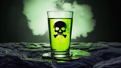Glass of glowing green liquid with skull and crossbones swirling ominously for a dramatic, unsettling effect perfect for Halloween or suspenseful storytelling