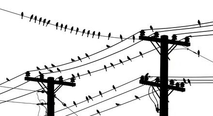 Flock of birds sitting on power lines silhouette isolated on white background