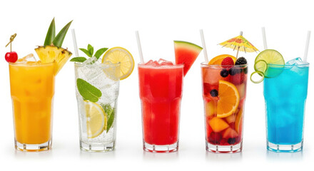 Colorful refreshing summer drinks with ice fruit and garnishes in tall glasses including orange clear red multicolored and blue beverages evoke cheerful and vibrant mood