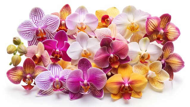 Collection of colorful orchids isolated on white background