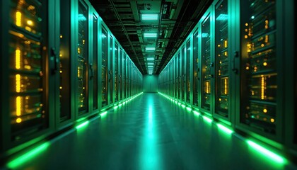 Futuristic server room corridor glows with vibrant green, yellow lights. Rows of glowing computer racks filled with blinking lights line hall. Perspective creates sense of depth, suggesting advanced