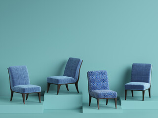 Blue chairs on cyan backgrond with copy space. Concept of minimalism. 3d rendering mock up