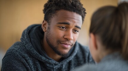 Obraz premium A young man and woman are having a serious conversation indoors, showcasing emotions and connection. The setting is warm and intimate, focusing on their expressions.