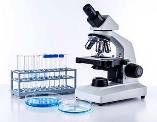 Detailed Laboratory Microscope And Equipment on a White Background with Test Tubes and Petri Dishes