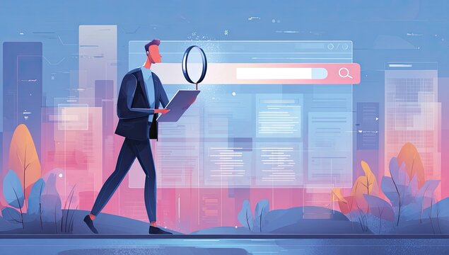 Businessman examining digital information in a city setting