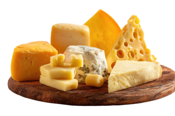 Assorted cheeses on a wooden board.  Different types, colors, and textures arranged