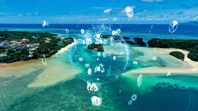 環境、海洋、南国、観光、エコロジー、SDGs、サステナブル、テクノロジー、海、空撮、自然、グリーンテック、GX、SX、離島、沖縄、風景、旅行、ビジネス、砂浜、珊瑚礁、ネットワーク、データ、科学、観測、環境問題、社会、クリーン、グリーン、ブルーカーボン、地球、グローバル、地球温暖化、温室効果ガス、気候変動、資源、持続可能な開発目標、サステナビリティ、ESG投資、CSR、グリーントランスフォーメーショ