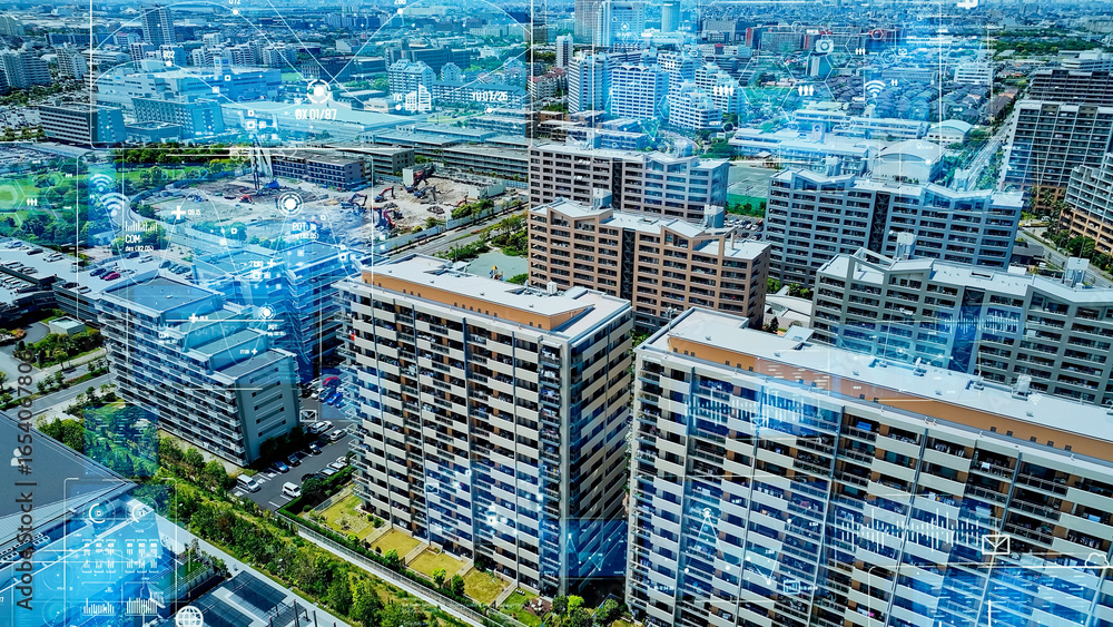 Poster テクノロジー、空撮、都市、住宅地、通信、マンション、住宅、建設、建設テック、不動産、データ、dx、デジタル、デジタルトランスフォーメーション、ドローン、俯瞰、未来、社会、都会、スマートシティ、インフラ