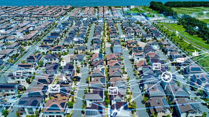Residential area aerial photography and communication network concept