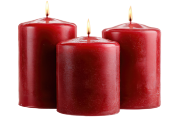 Three cylindrical red candles with flames