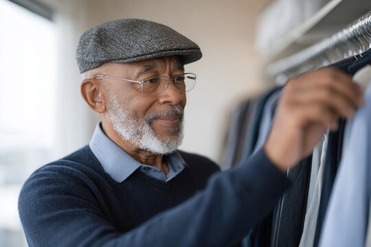 An elderly man with glasses and a cap selects clothing from a stylish wardrobe, showcasing a thoughtful and relaxed mood.