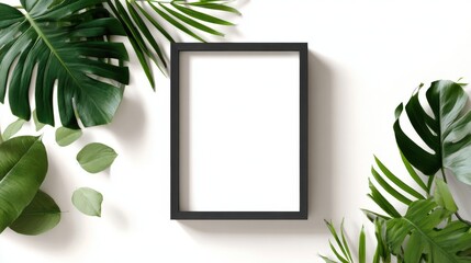 High definition photo of stylish blank frame with greenery in a minimalist setting for customizable art.