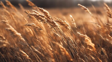 Obraz premium Golden Field of Tall Grass Swaying in the Wind at Sunset