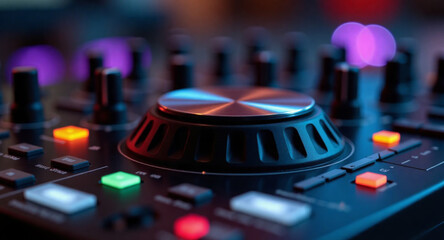 DJ mixer console with glowing buttons and control knobs in dark club lighting