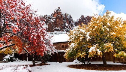 Autumn trees in snow with mountains