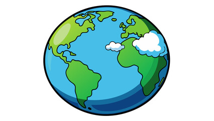 Fototapeta premium Illustration of a cartoon earth globe with green continents and blue oceans and white clouds above