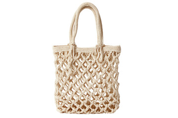 Cream-colored knotted tote bag.  A small, rectangular, crocheted bag with cream-colored handles.  The bag's design is a diamond-patterned mesh