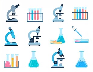 Flat Design Set Of Laboratory Icons Featuring Microscopes Test Tubes Petri Dishes And Pipettes On White Background