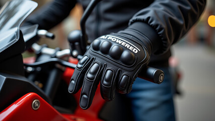 Black gloves with AI logo worn by motorcyclist adjusting gear on urban road