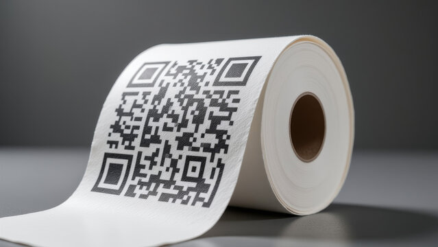 Paper roll featuring bold QR code print on dark studio backdrop