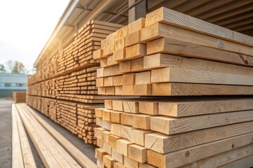 Stack of Freshly Cut Lumber in Wooden Storage Facility at Sunrise
