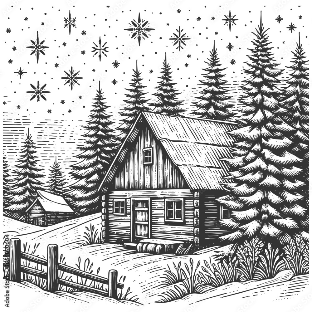 Poster rustic log cabin surrounded by tall pine trees and snow, with a wooden fence in the foreground sketc