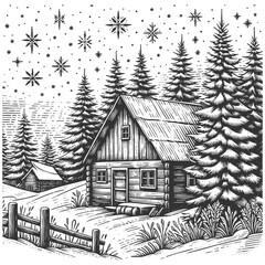 rustic log cabin surrounded by tall pine trees and snow, with a wooden fence in the foreground sketch engraving generative ai vector illustration. Scratch board imitation. Black and white image.