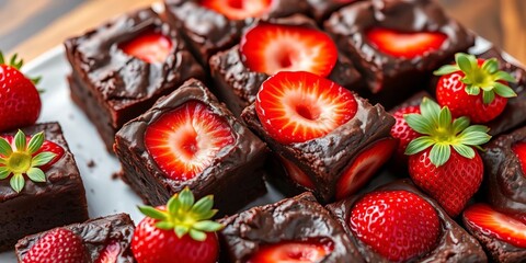 Fudgy brownie cubes studded with fresh strawberries,   delicious dessert,  square