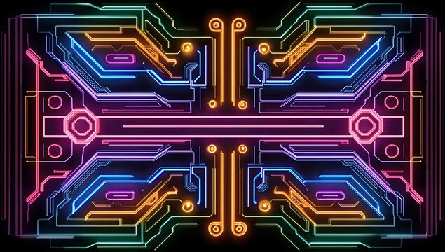 Abstract symmetrical circuit board design with vibrant neon colors