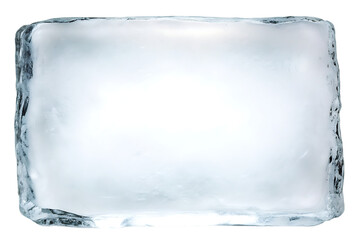 Frosted rectangular ice block with textured edges isolated on a transparent background