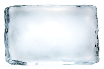 Frosted rectangular ice block with textured edges isolated on a transparent background