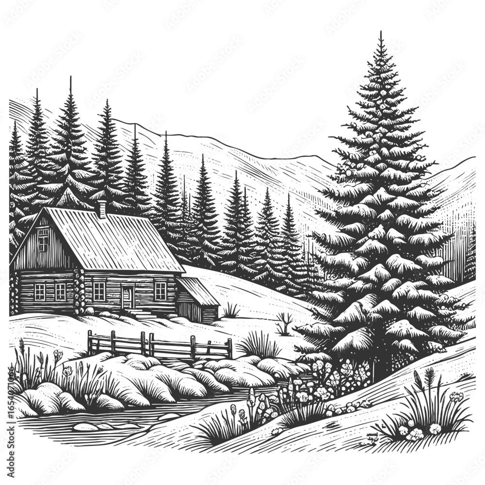 Poster rustic log cabin surrounded by tall pine trees and snow, with a wooden fence in the foreground sketc