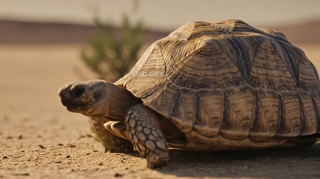Desert tortoise eating greenery in a sandy environment, shell detail prominently displayed
