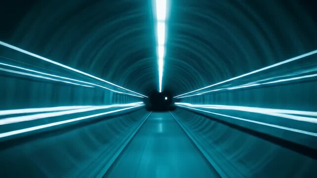 Abstract view of a teal tunnel illuminated by bright white, parallel lines