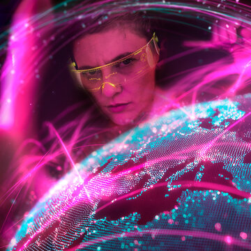 Engineer with AR glasses analyzing global digital data stream