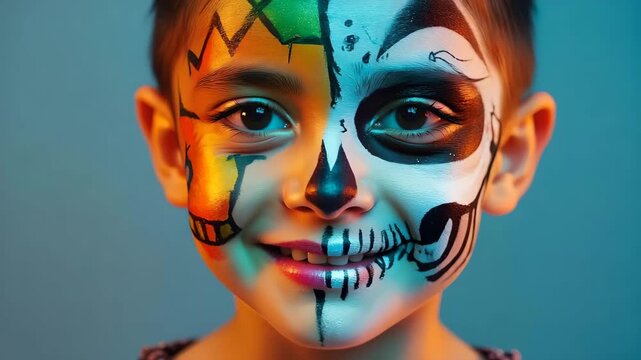 Child with Halloween face paint in half skull and pumpkin design, close-up video portrait with expressive smiles, blinking eyes and vibrant artistic makeup for festive costume and spooky celebration
