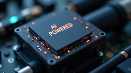 Microprocessor with AI powered branding on modern blue circuit board